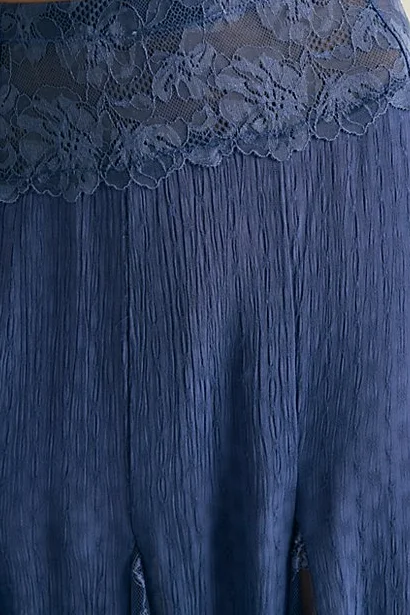 Close-up of the Nice To Meet You Maxi Slip Skirt lace waistband in Denim Wash