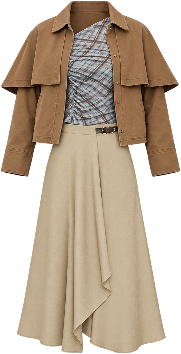 Tan cape jacket over a plaid top with a beige midi skirt and brown belt
