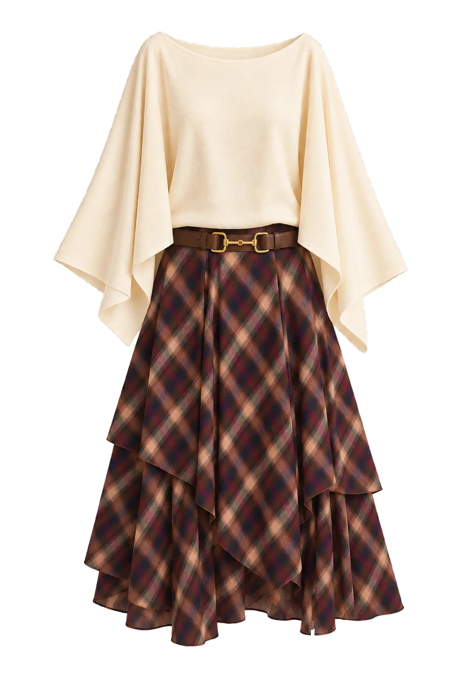 Cream cape-sleeve top with a plaid tiered skirt and brown belt
