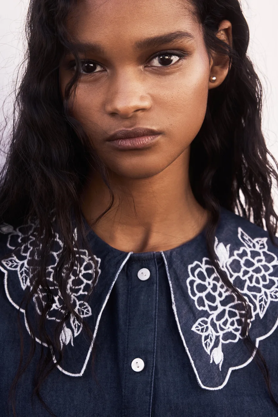 Embroidered-Collar Denim Blouse — H&M