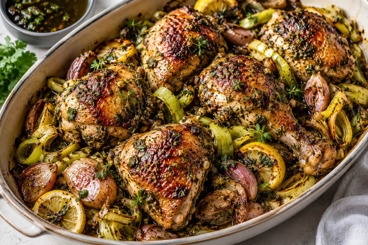 Herb-crusted roast chicken pieces in a baking dish with leeks, shallots and charred lemon