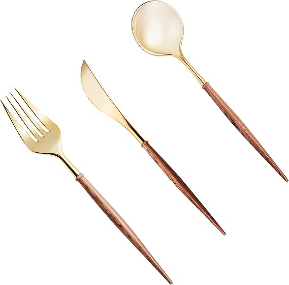 Gold disposable plastic cutlery set with wood grain handles