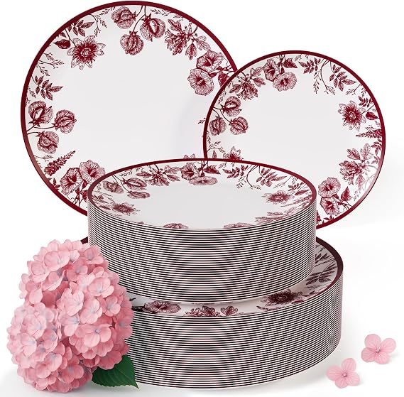 Burgundy floral disposable dinner and dessert plates