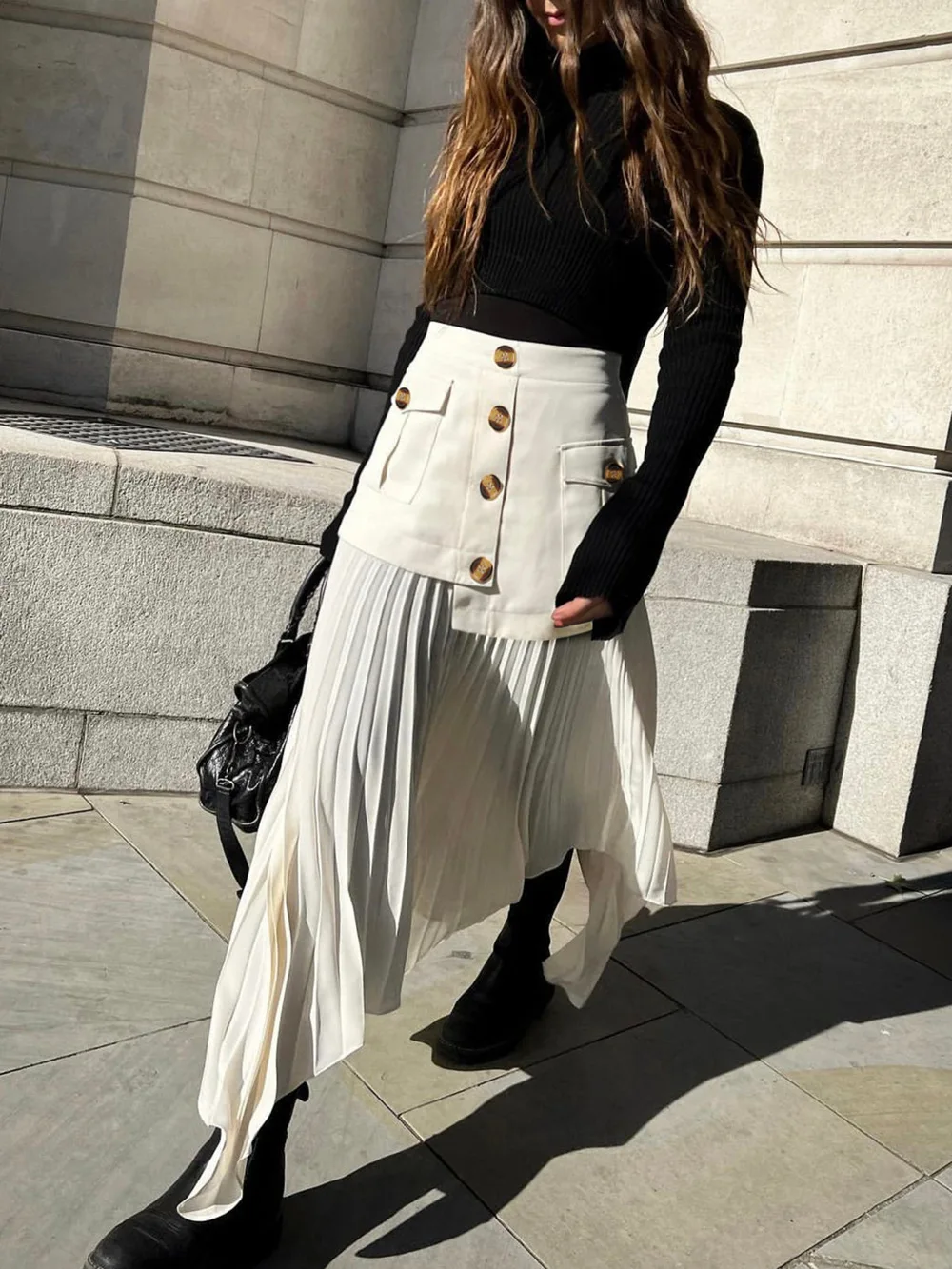 Patchwork Asymmetrical Pleated Buttoned Midi Skirt — Commense