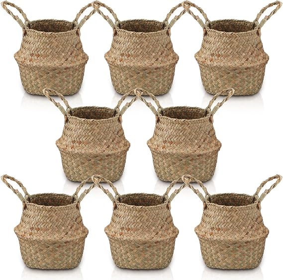 Small woven seagrass belly baskets with handles