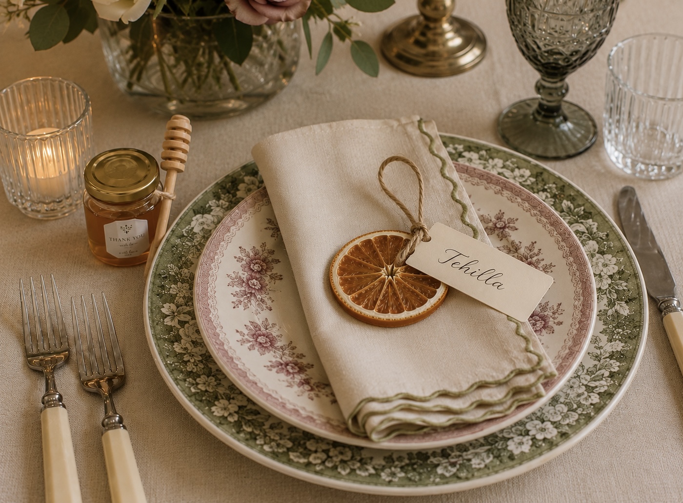 Dried orange slice and hand-lettered place card tied with twine over a scalloped napkin on floral china