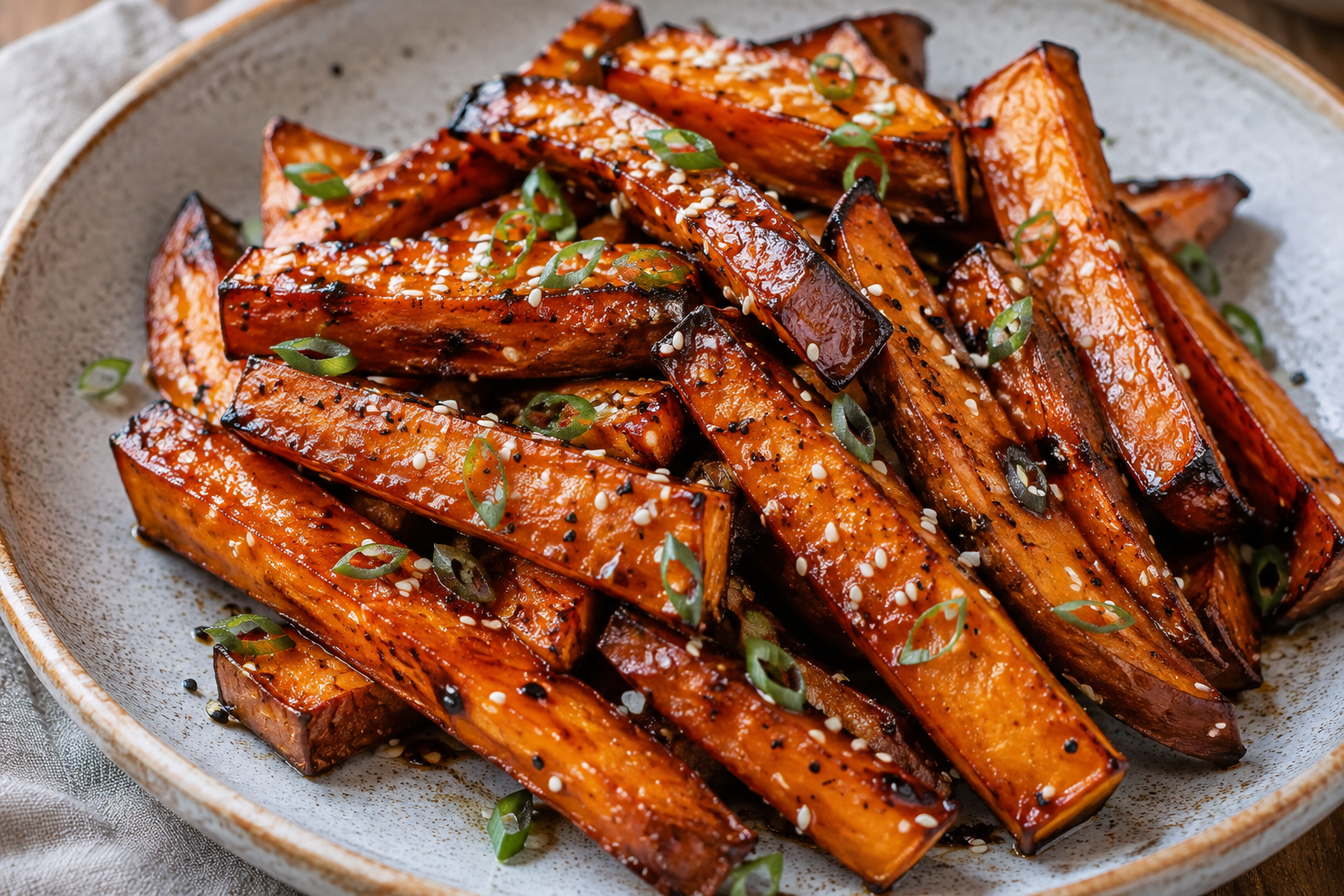 Deeply caramelised miso sweet potato sticks scattered with sesame seeds and sliced scallions