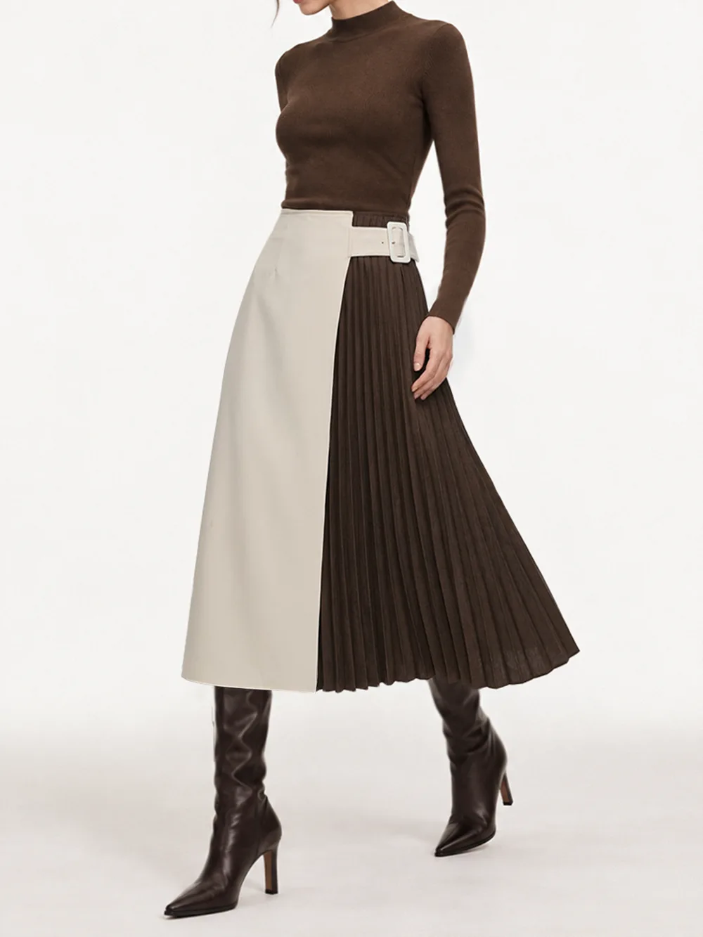 Color‑Block Pleated Midi Skirt — Commense
