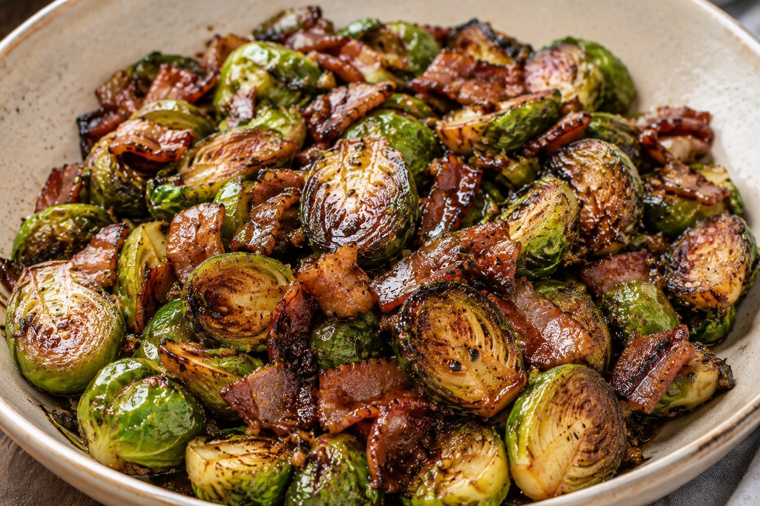 Roasted Brussels sprouts glazed with maple and balsamic, tossed with crisp beef fry