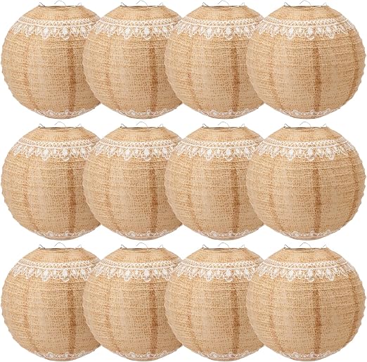 Round burlap paper lanterns with lace trim