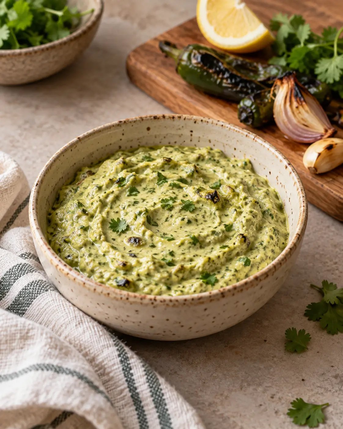 Creamy charred jalapeño and shallot dip in a stoneware bowl with roasted jalapeños, shallot and lemon