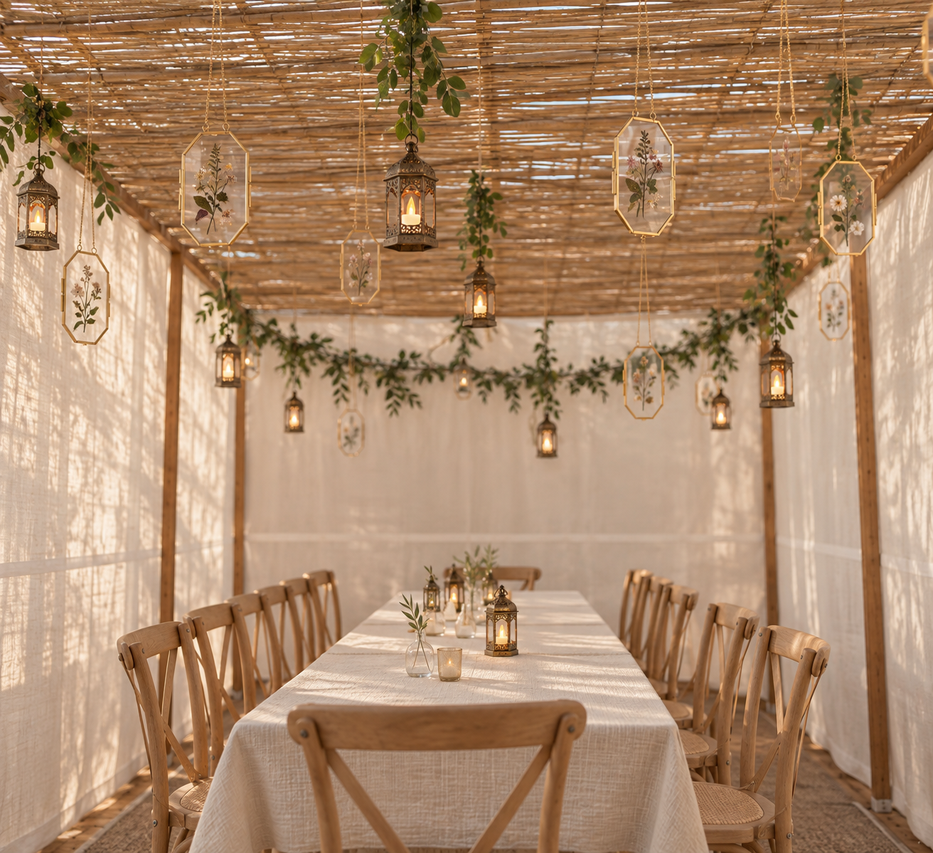 Neutral sukkah with hanging lanterns, pressed-flower glass frames and trailing greenery above a long linen table