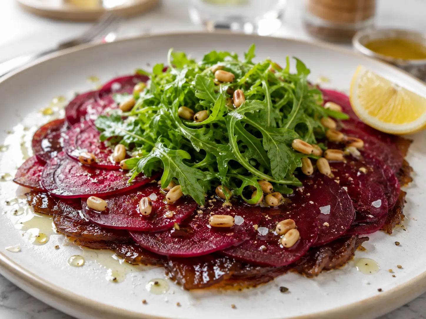 Thin slices of ruby beet fanned over flattened dates, topped with arugula, toasted pine nuts and a lemon wedge