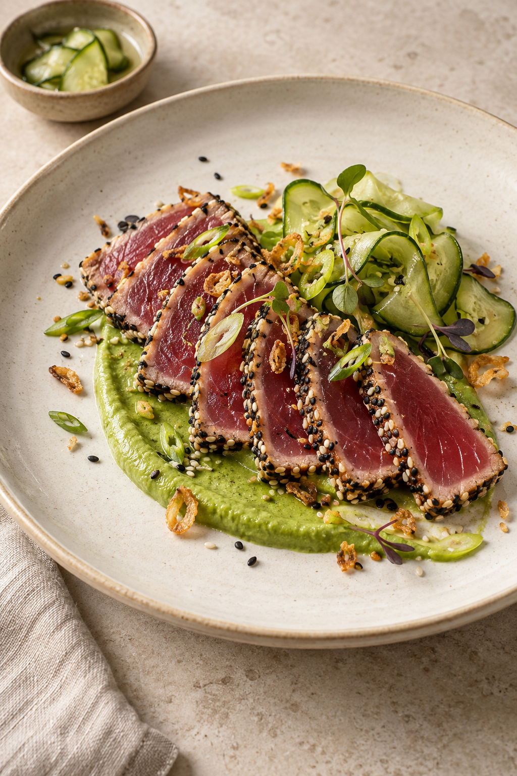 Sesame-crusted tuna tataki sliced over vibrant wasabi pea purée with pickled cucumbers and crispy shallots