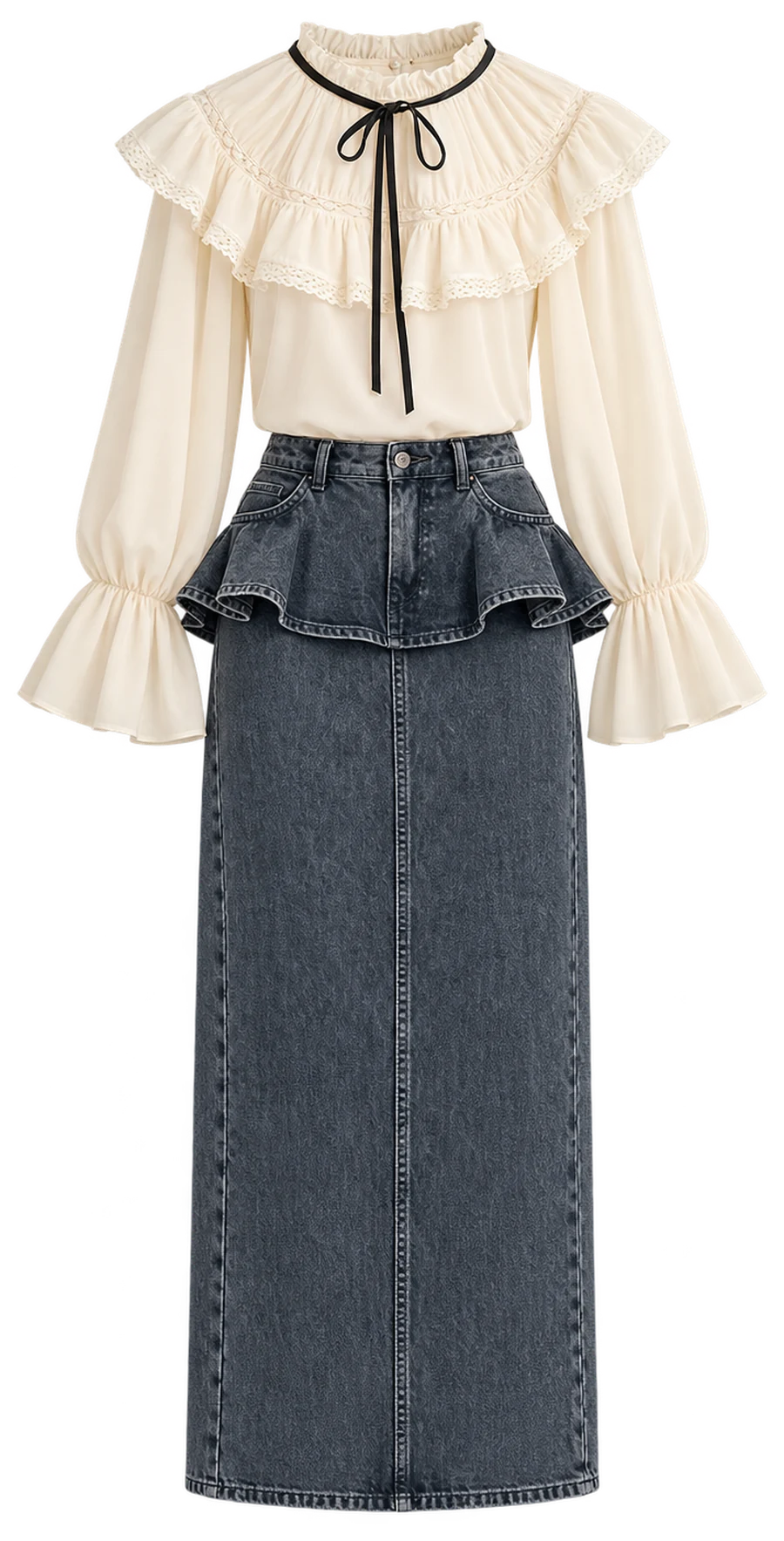 Cream ruffle-collar blouse with a dark denim peplum skirt