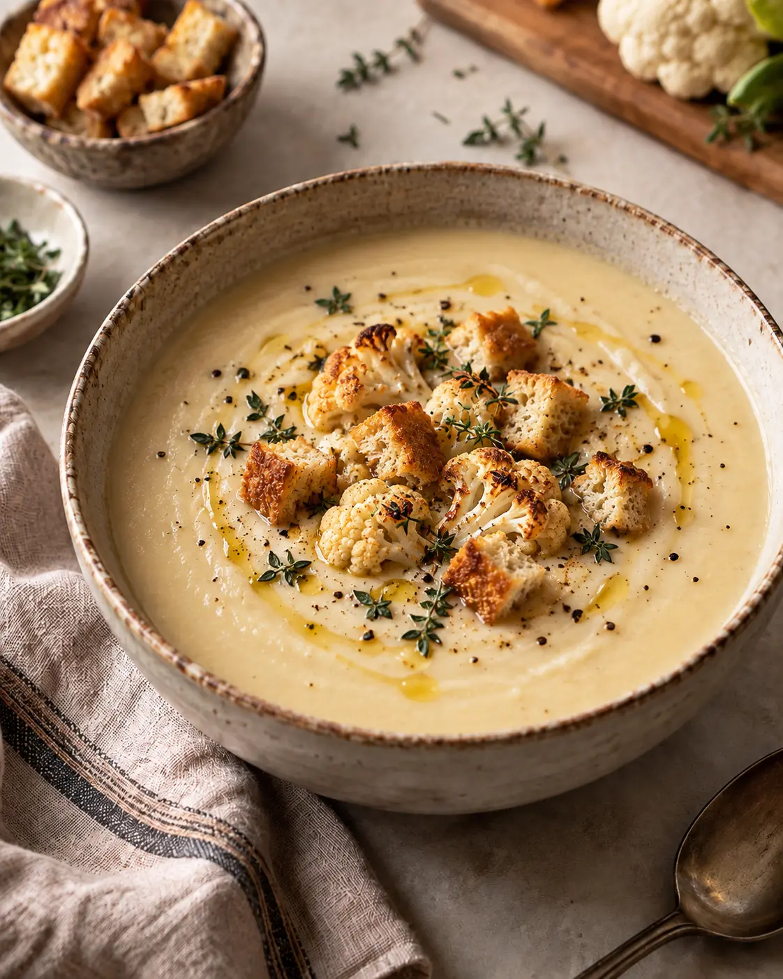 Creamy roasted cauliflower soup topped with golden cauliflower florets, croutons and thyme