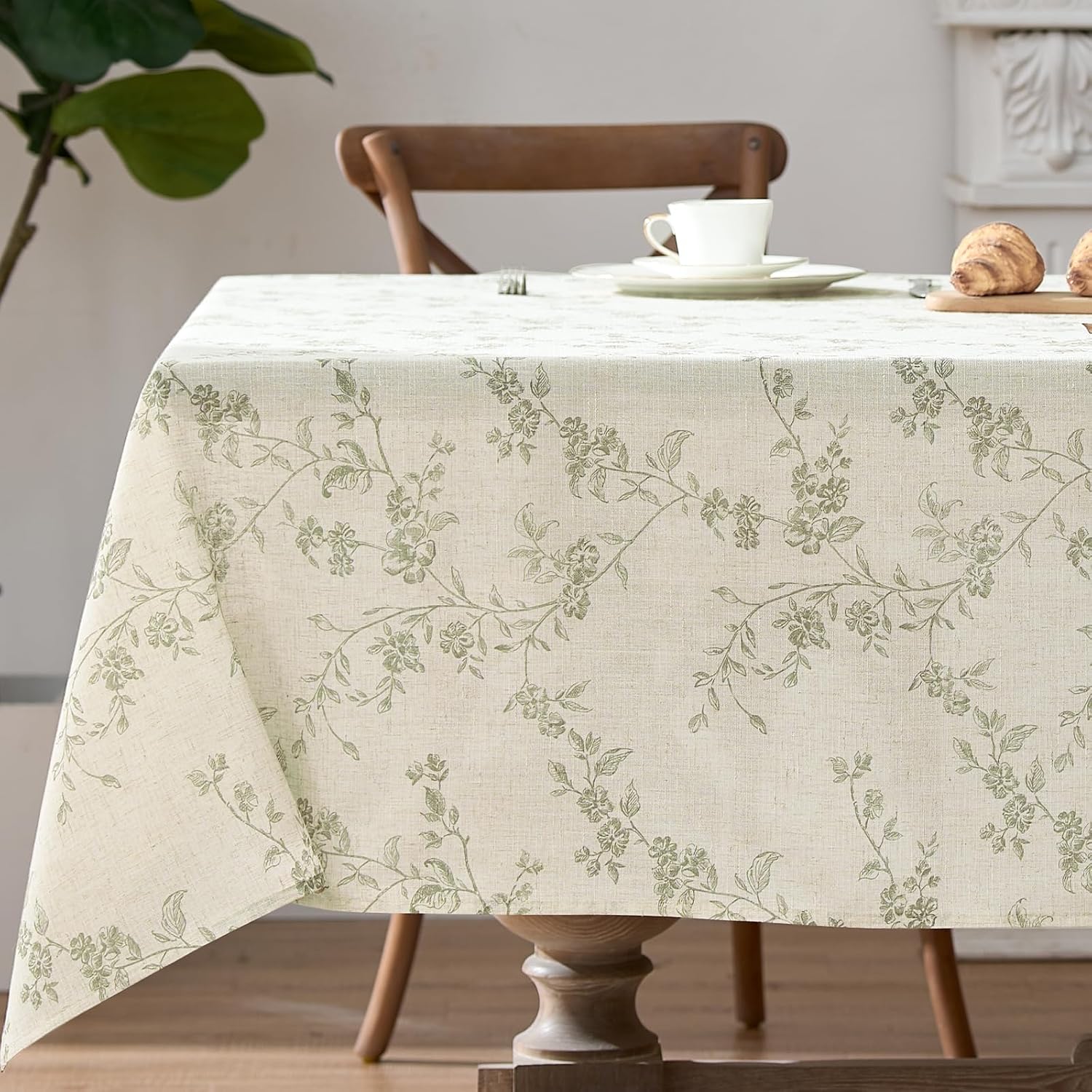Green farmhouse floral linen rectangle tablecloth