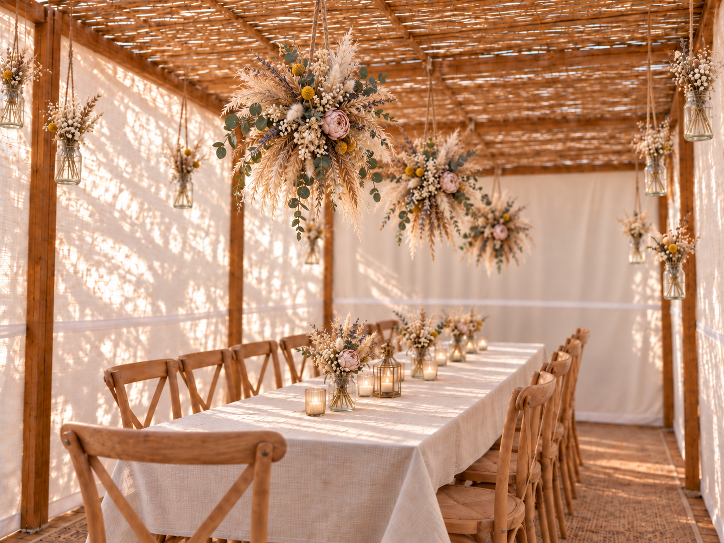 Sukkah with hanging dried-flower chandeliers of pampas, wheat and pink roses, and small mason jars of dried florals hung with twine above a long linen table