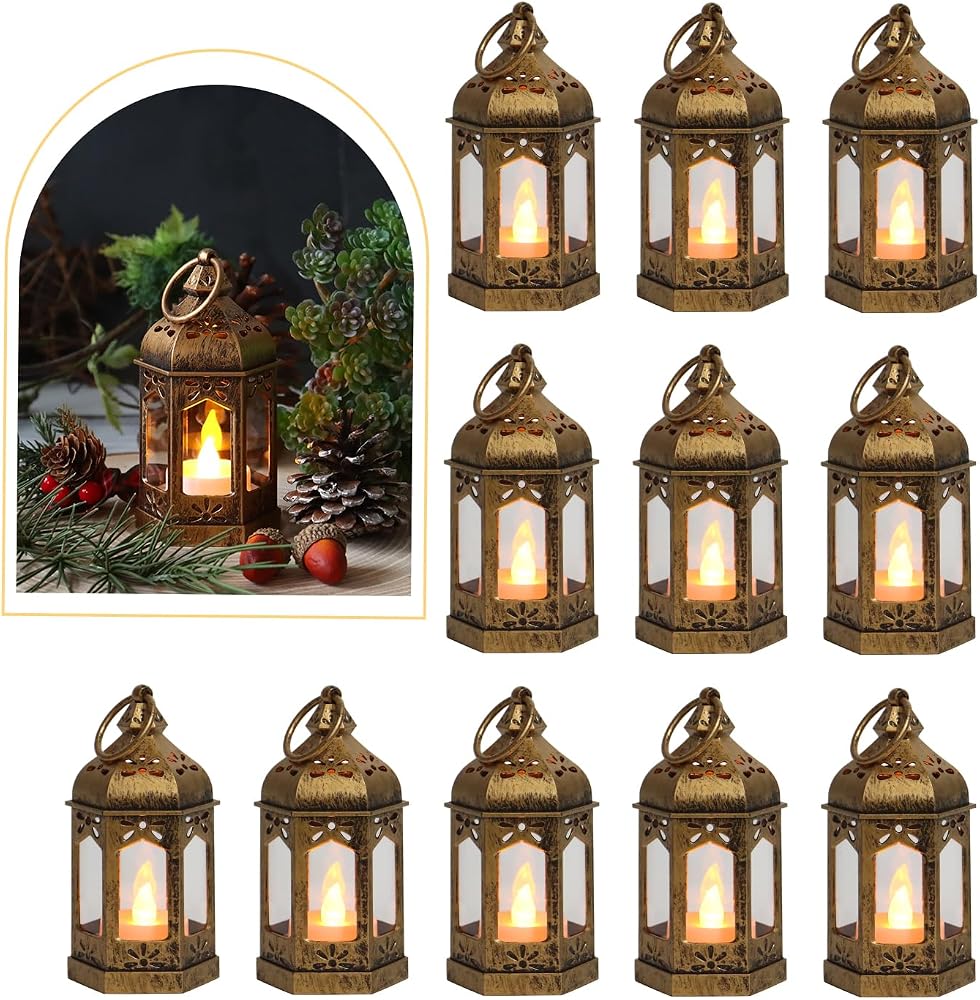 Set of small vintage-style metal lanterns with flickering LED tea lights