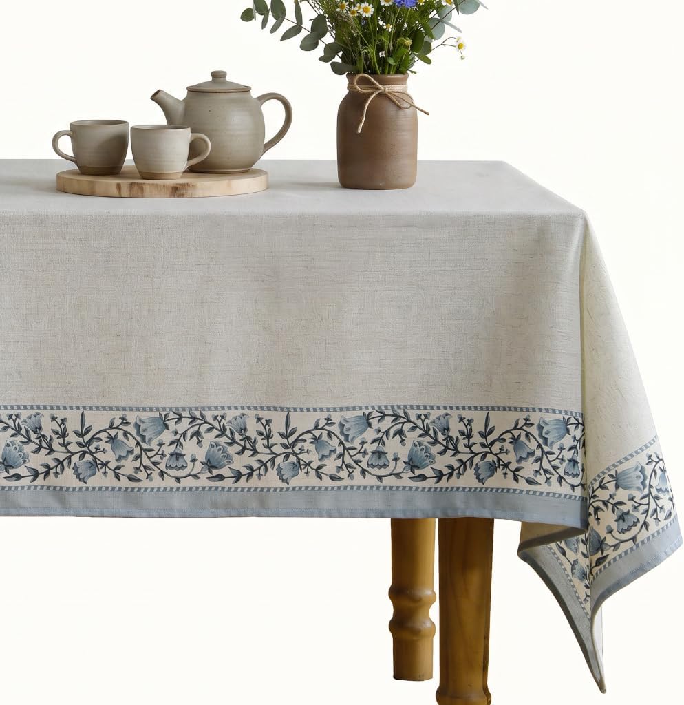Blue floral Segerman linen rectangular tablecloth