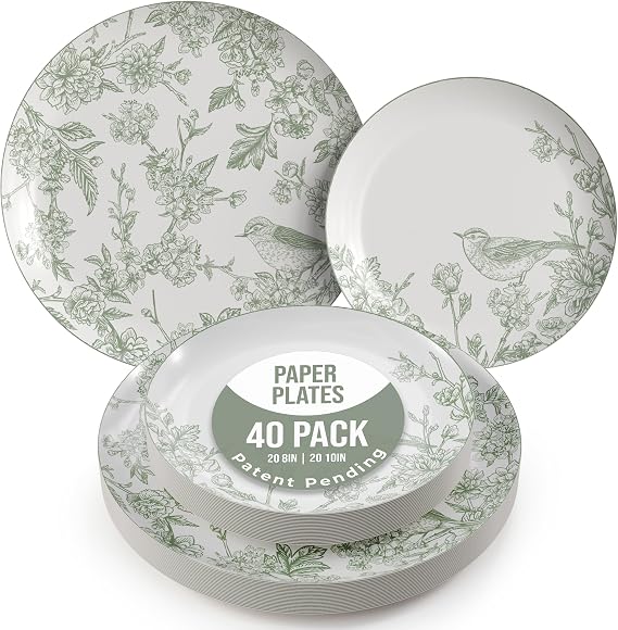 Green floral Yaffa disposable dinner and dessert plates