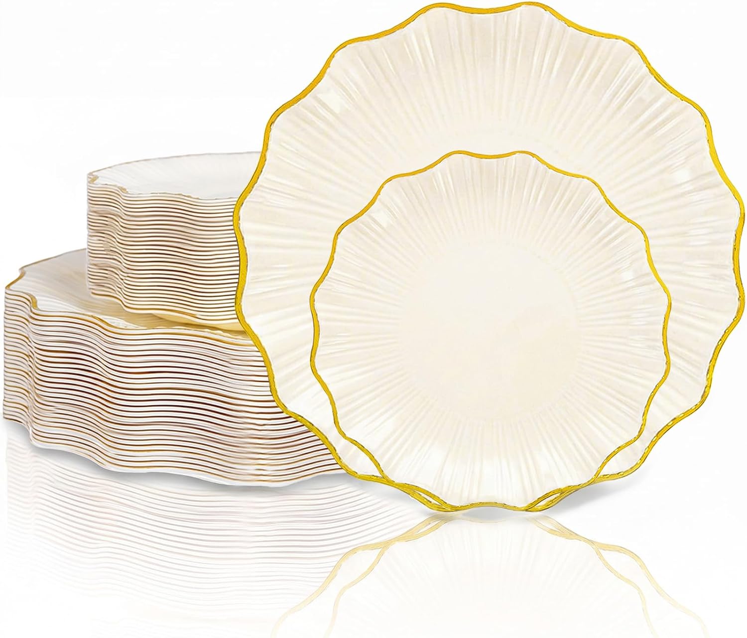 Ivory scalloped plastic plates with a gold rim
