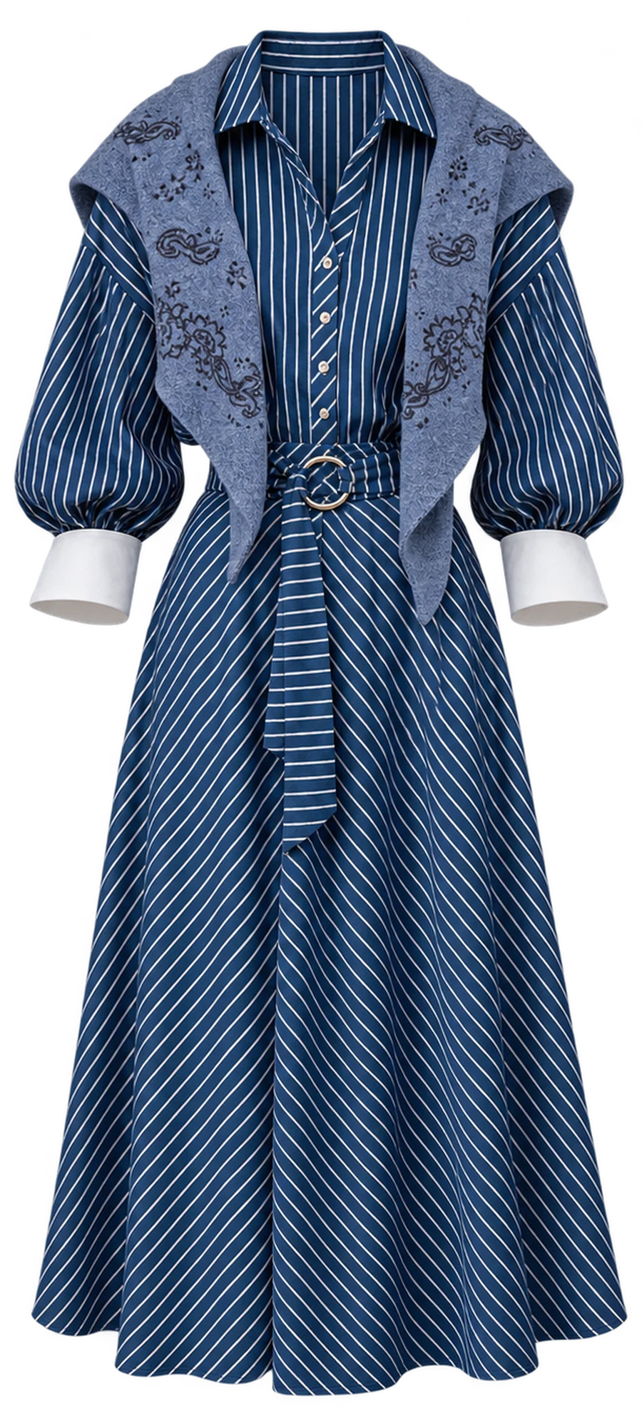 Blue striped shirtdress with a denim scarf shawl