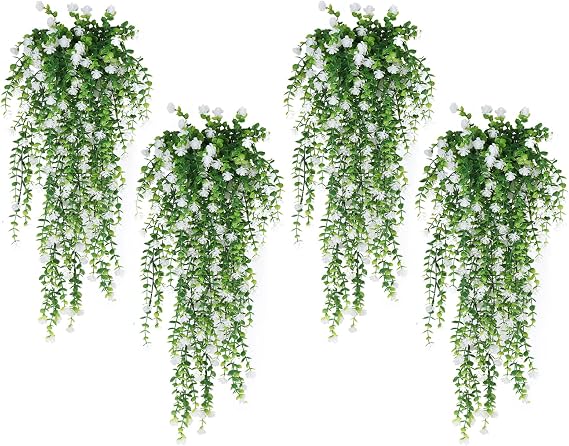 Artificial hanging greenery vines with small white flowers