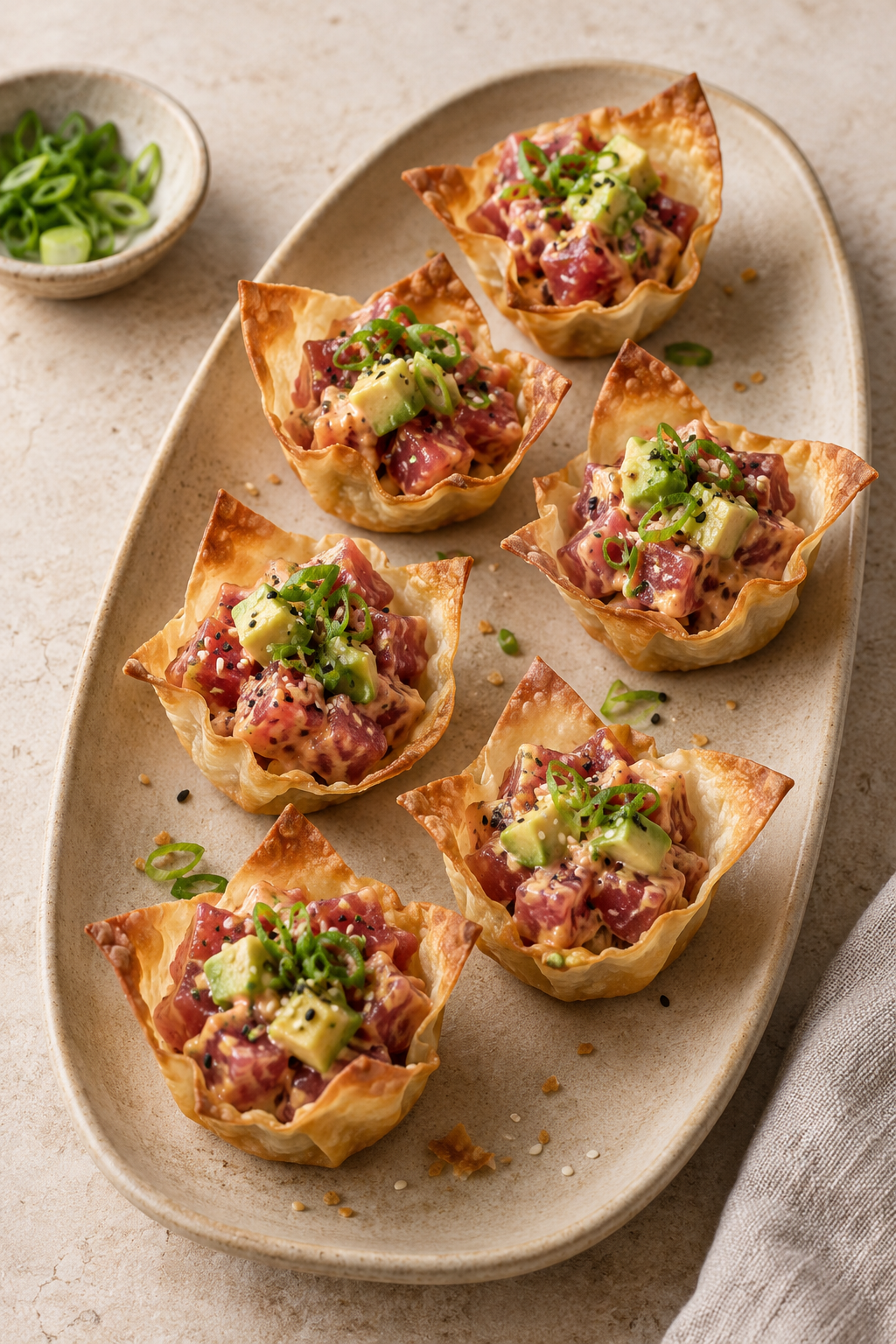 Crispy baked wonton cups filled with creamy spicy tuna and avocado, finished with scallions and sesame seeds