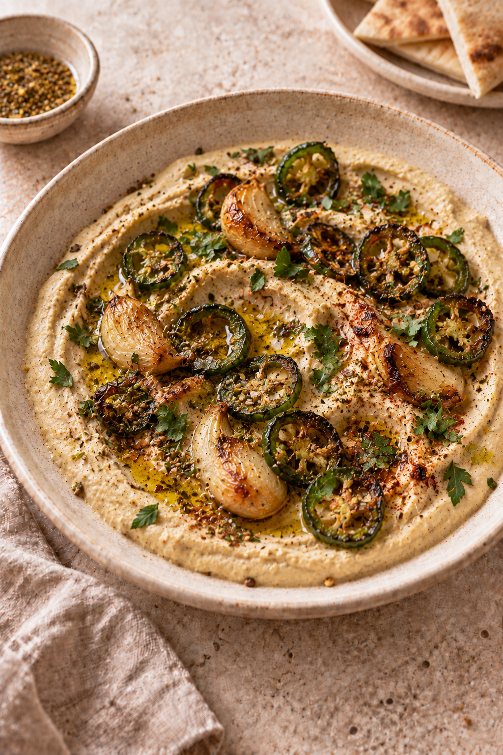 Creamy hummus topped with roasted garlic cloves and crispy jalapeño rings, finished with za'atar and parsley