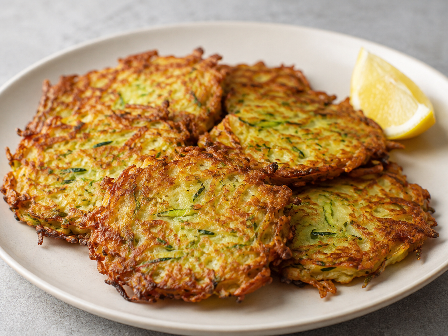 Golden fried zucchini latkes stacked on a pale plate with a lemon wedge