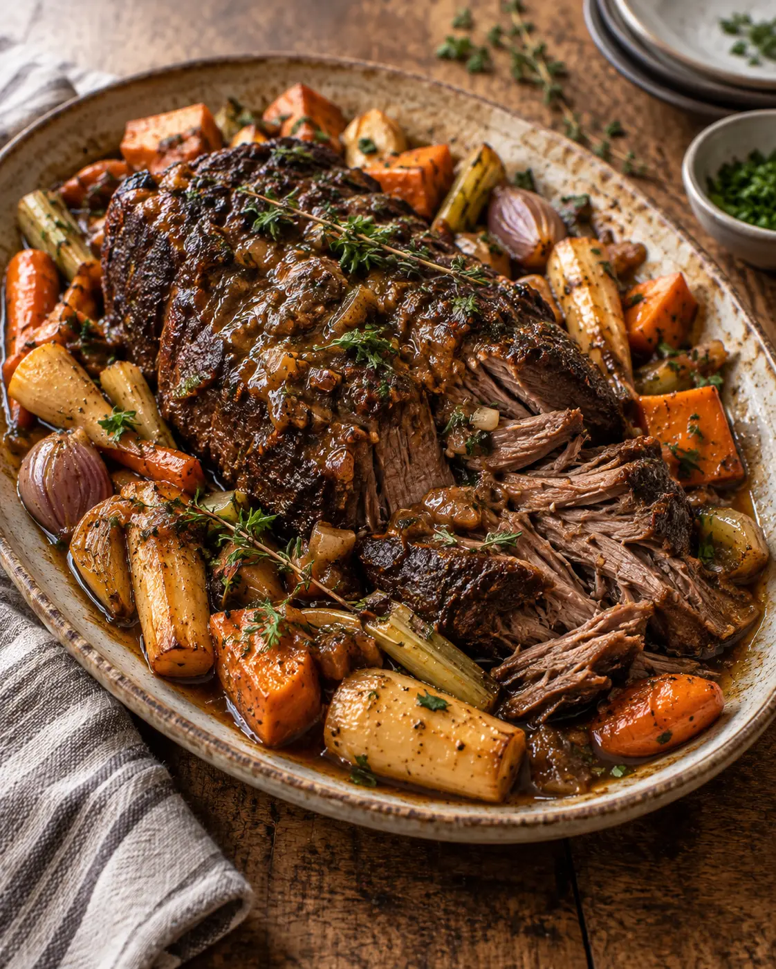 Tender slow-roasted meat surrounded by caramelized carrots, sweet potatoes, parsnips and shallots