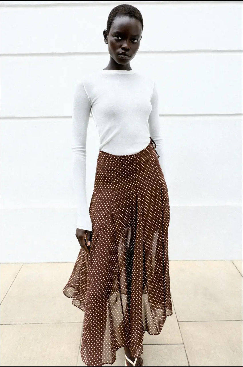 Brown polka dot midi skirt worn with a white top, from Zara