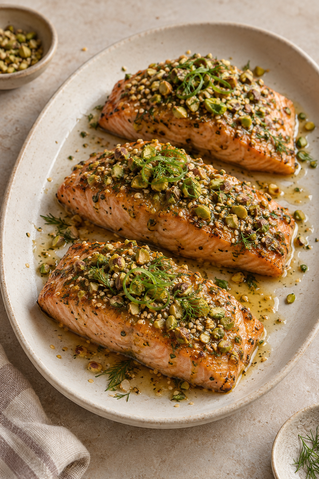 Honey-mustard salmon fillets topped with pistachios, sesame seeds, dill and scallions on a pale platter
