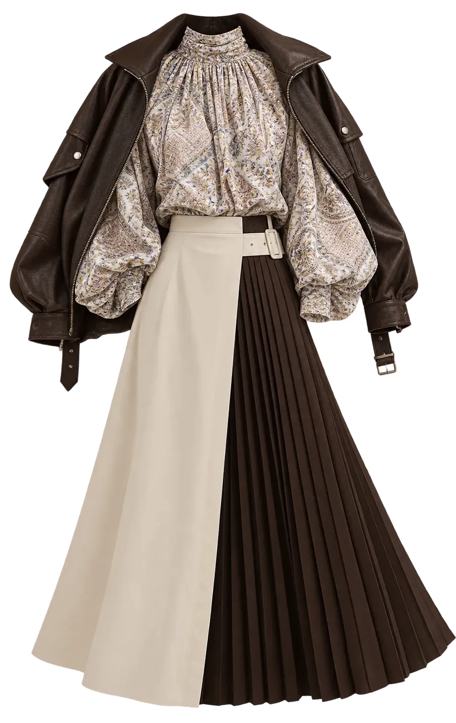 Brown leather jacket with a cream and brown patchwork skirt