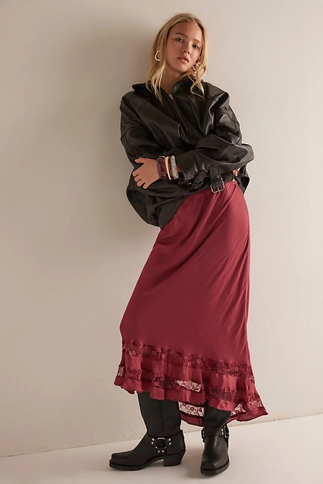 Long Lost Lover Maxi Slip Skirt in Miss Crimson, styled with a leather jacket and boots