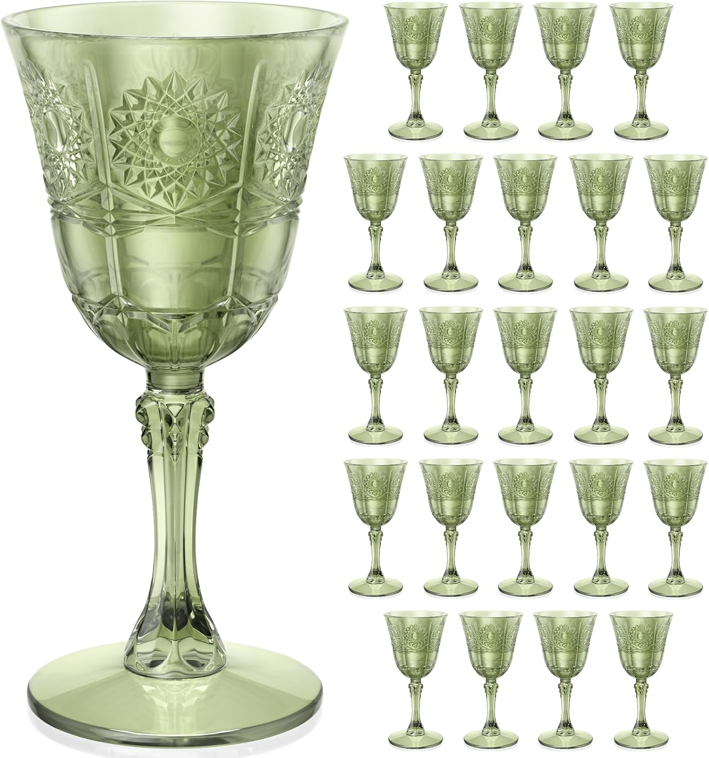 Green unbreakable plastic wine glasses with a sunflower vintage pattern