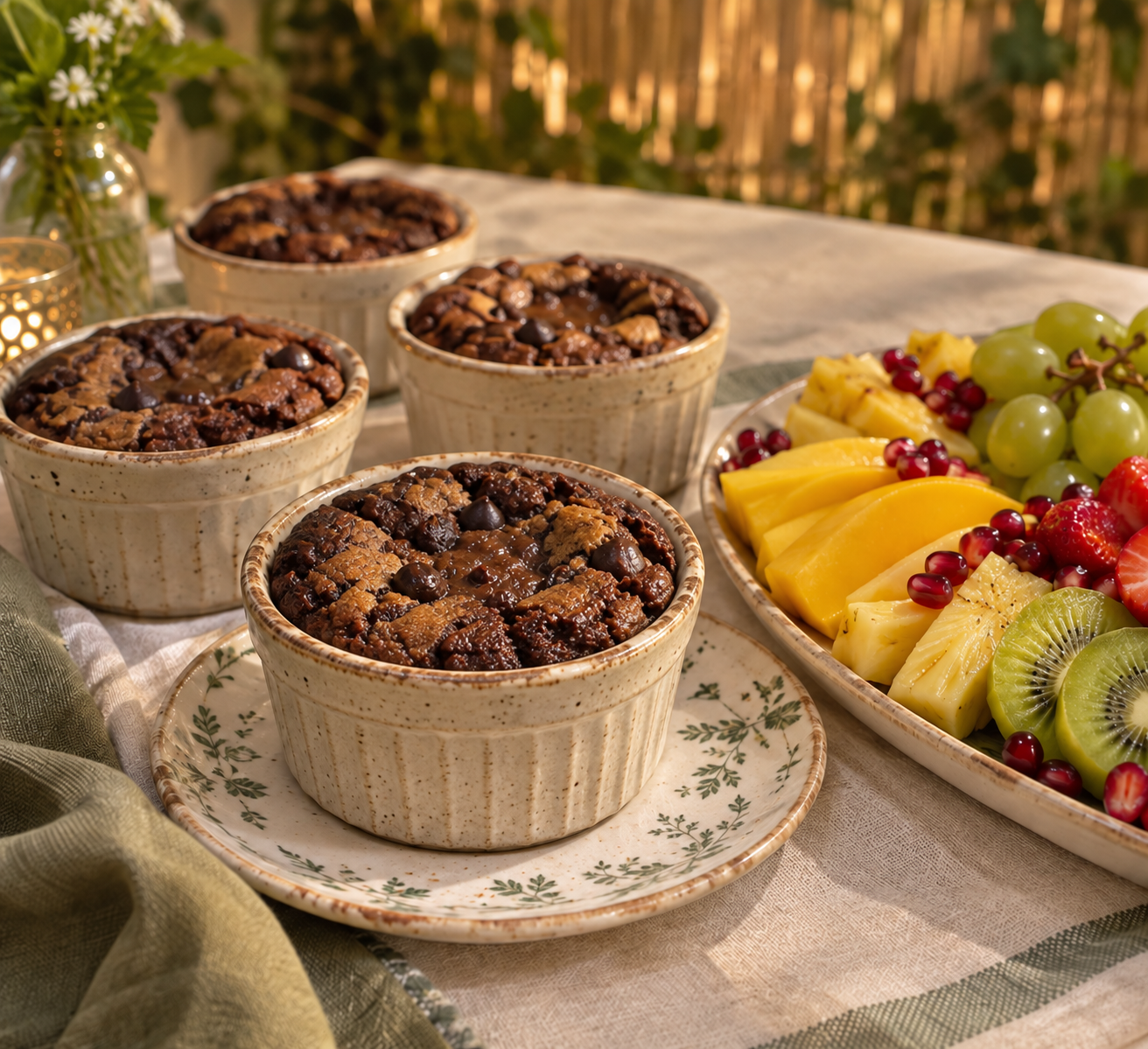 Warm chocolate-chip cookie brownie lava cups beside a colorful fresh fruit platter