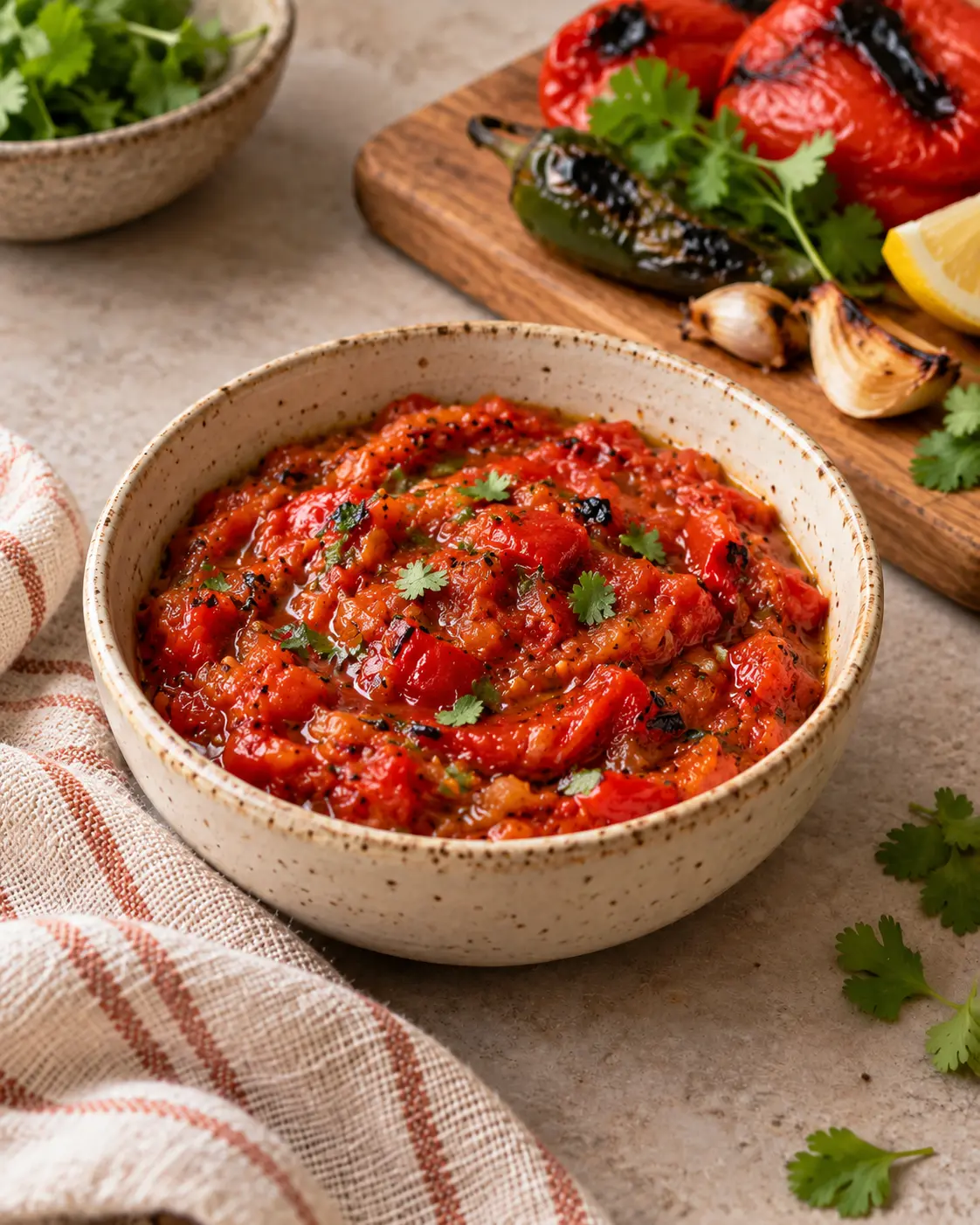 Red shortcut matbucha in a stoneware bowl with charred peppers, garlic and cilantro