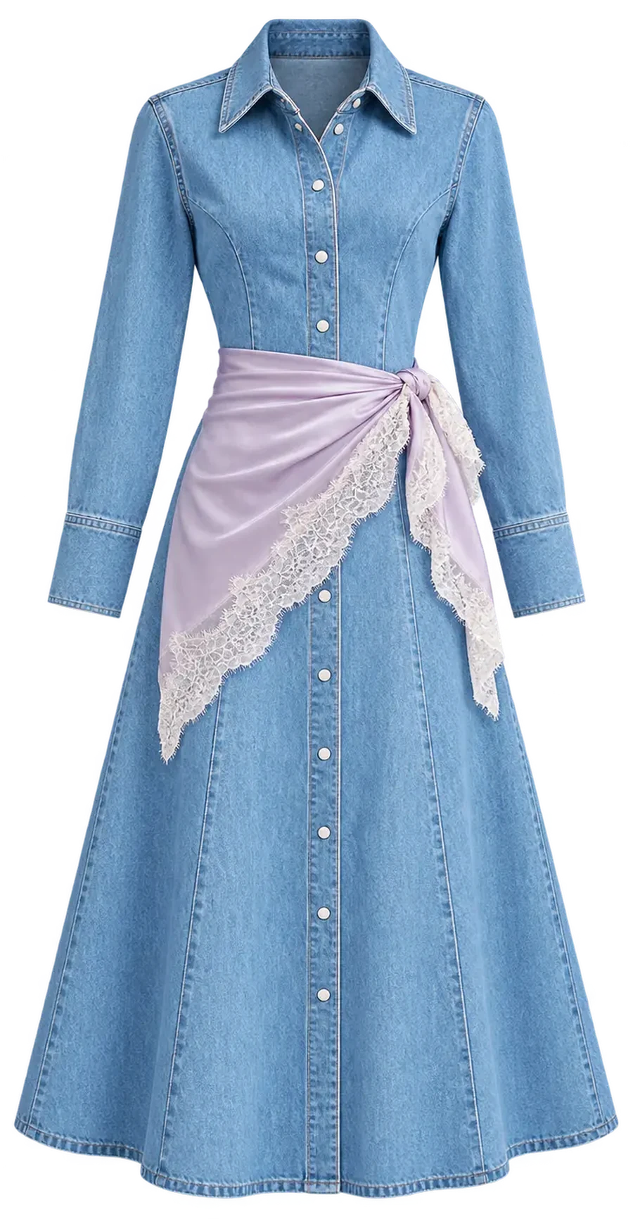 Denim shirtdress with a lilac lace sash