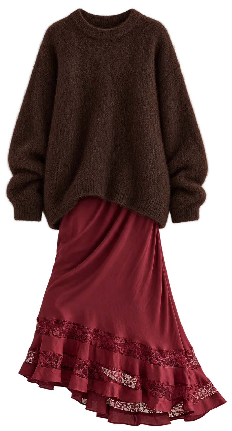 Brown fuzzy sweater over a burgundy lace-hem skirt