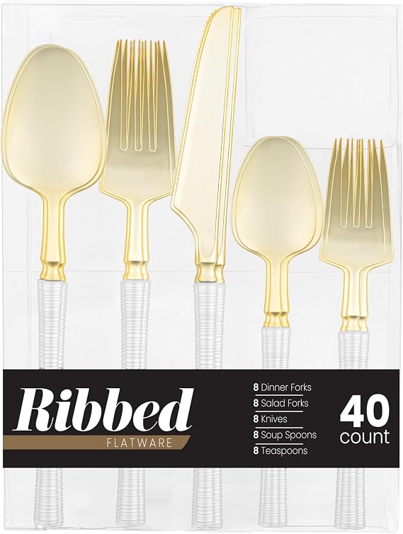 Pearl white and gold disposable cutlery