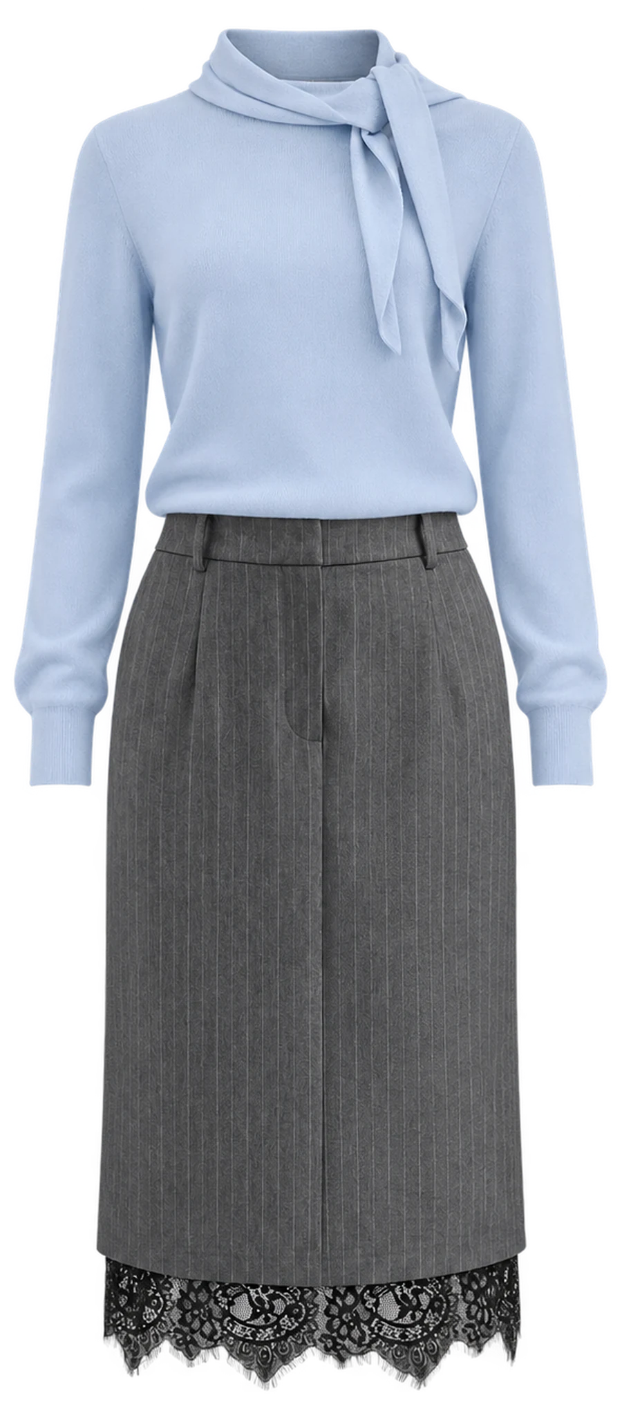 Powder-blue tie-neck sweater with a grey pinstripe midi skirt