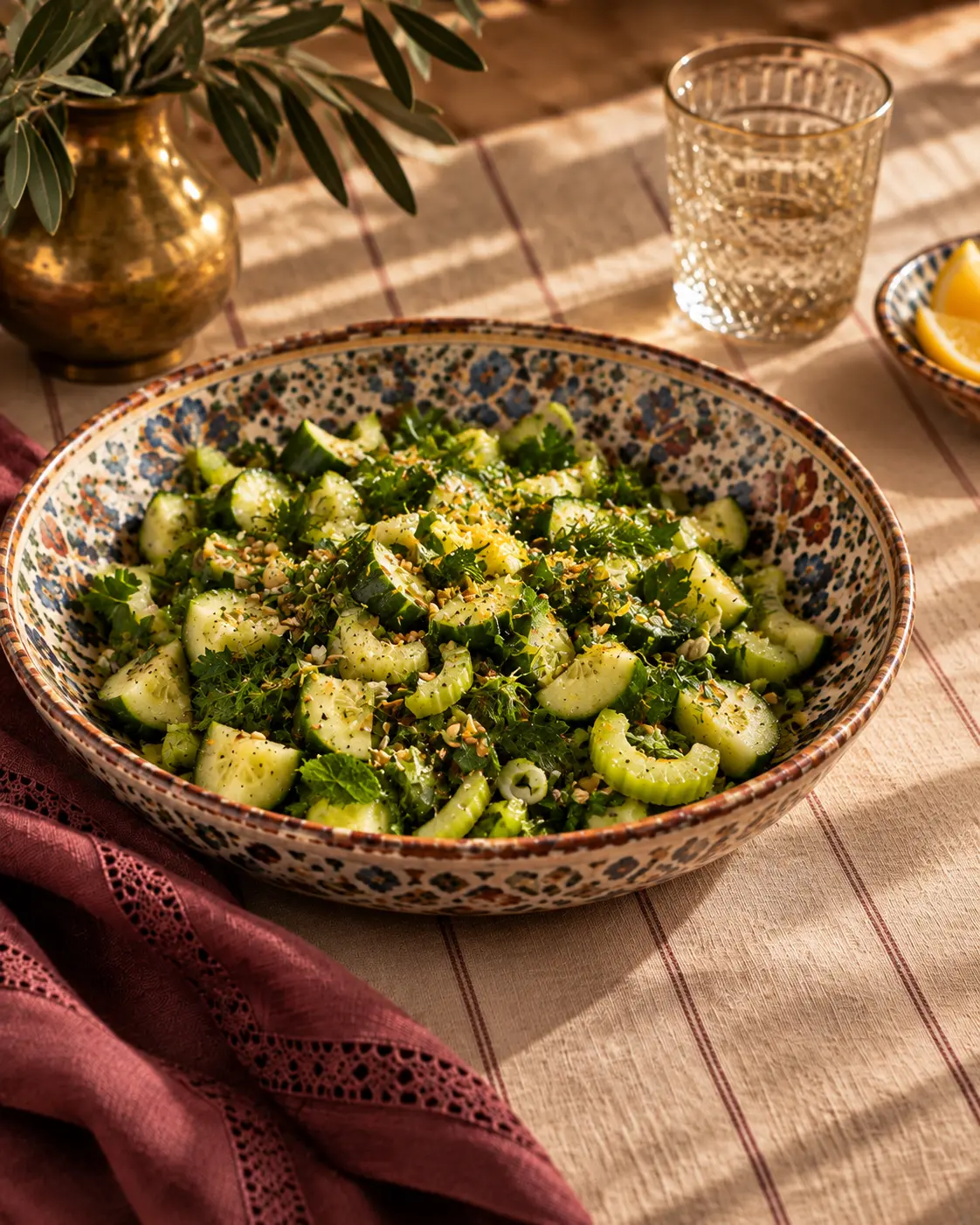 Crunchy cucumber, celery and herb salad with scallions, dill and parsley