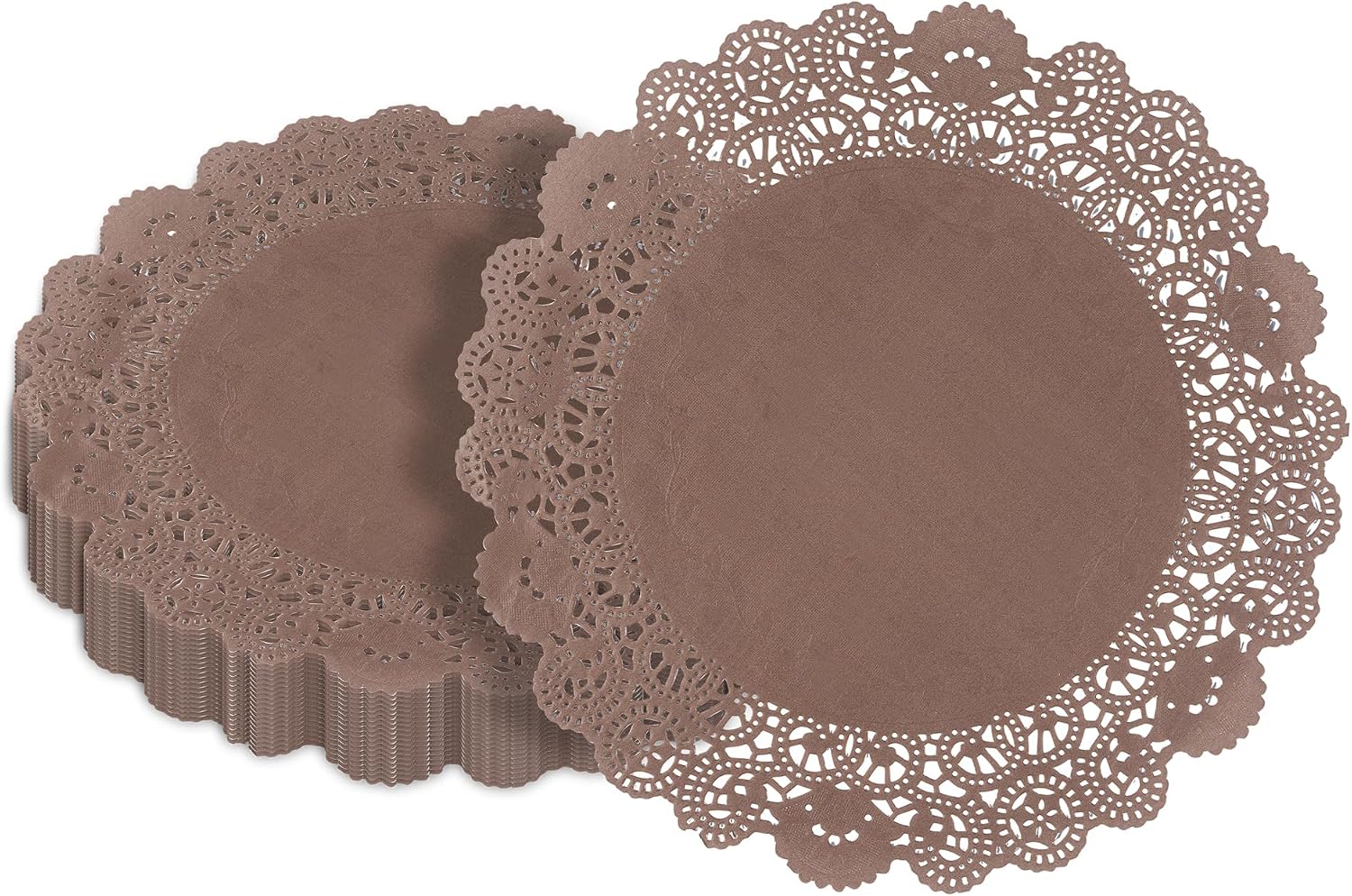 Square brown paper lace doilies stacked on a surface