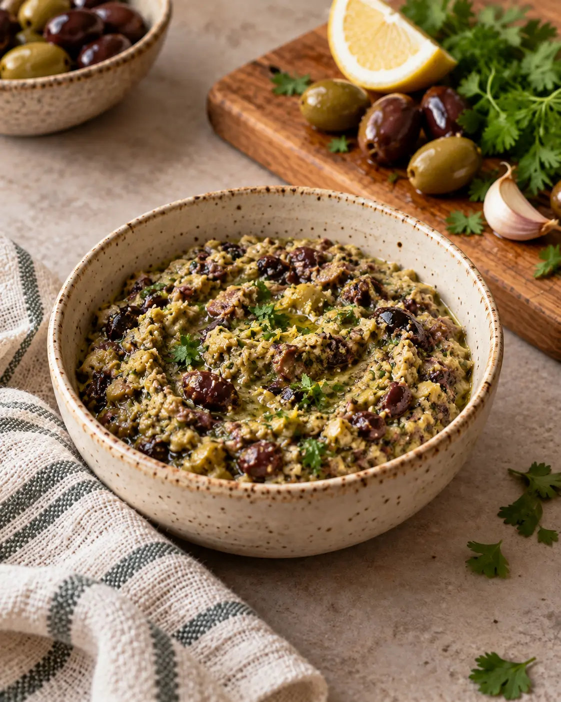Rustic mixed green and black olive tapenade with herbs in a stoneware bowl