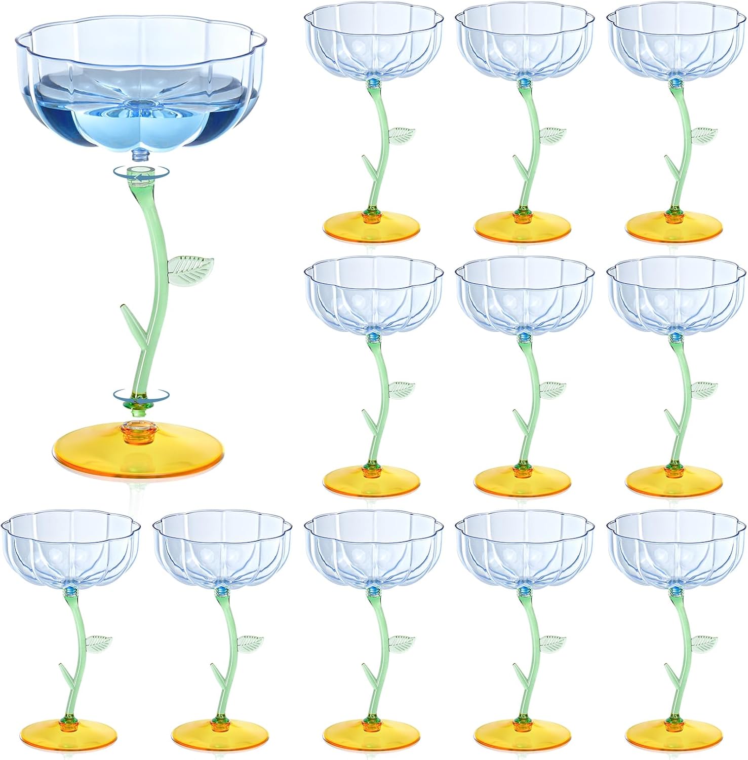 Blue ribbed plastic coupe cocktail glasses with detachable stems