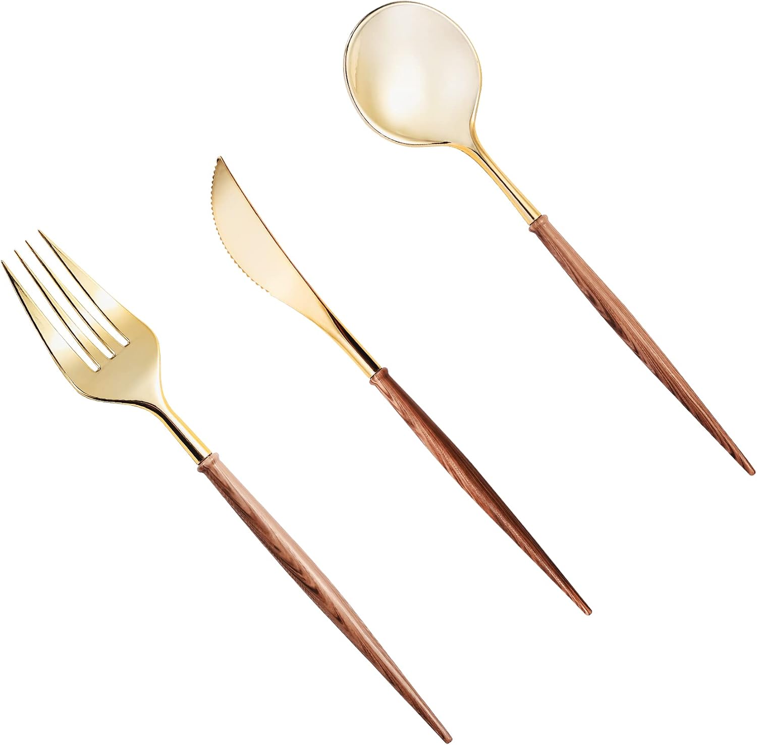 Gold disposable cutlery with wood-grain handles