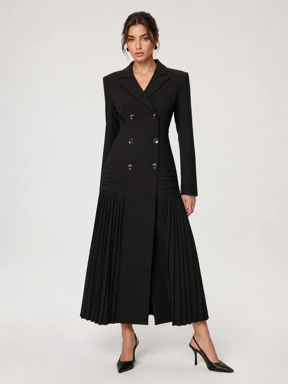 Pleated Hem Double-Breasted Blazer Coat — Commense
