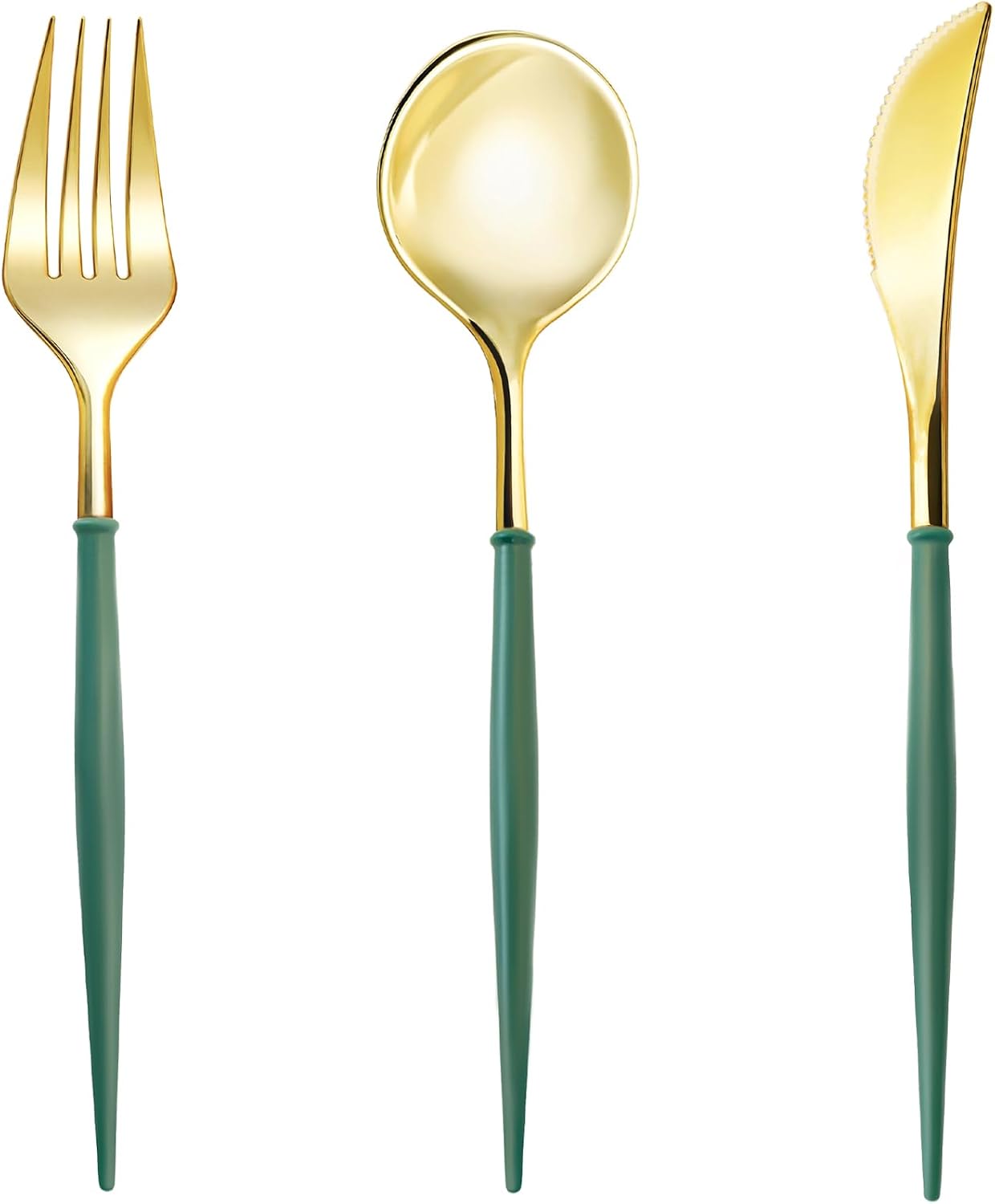 Gold plastic cutlery set with green handles
